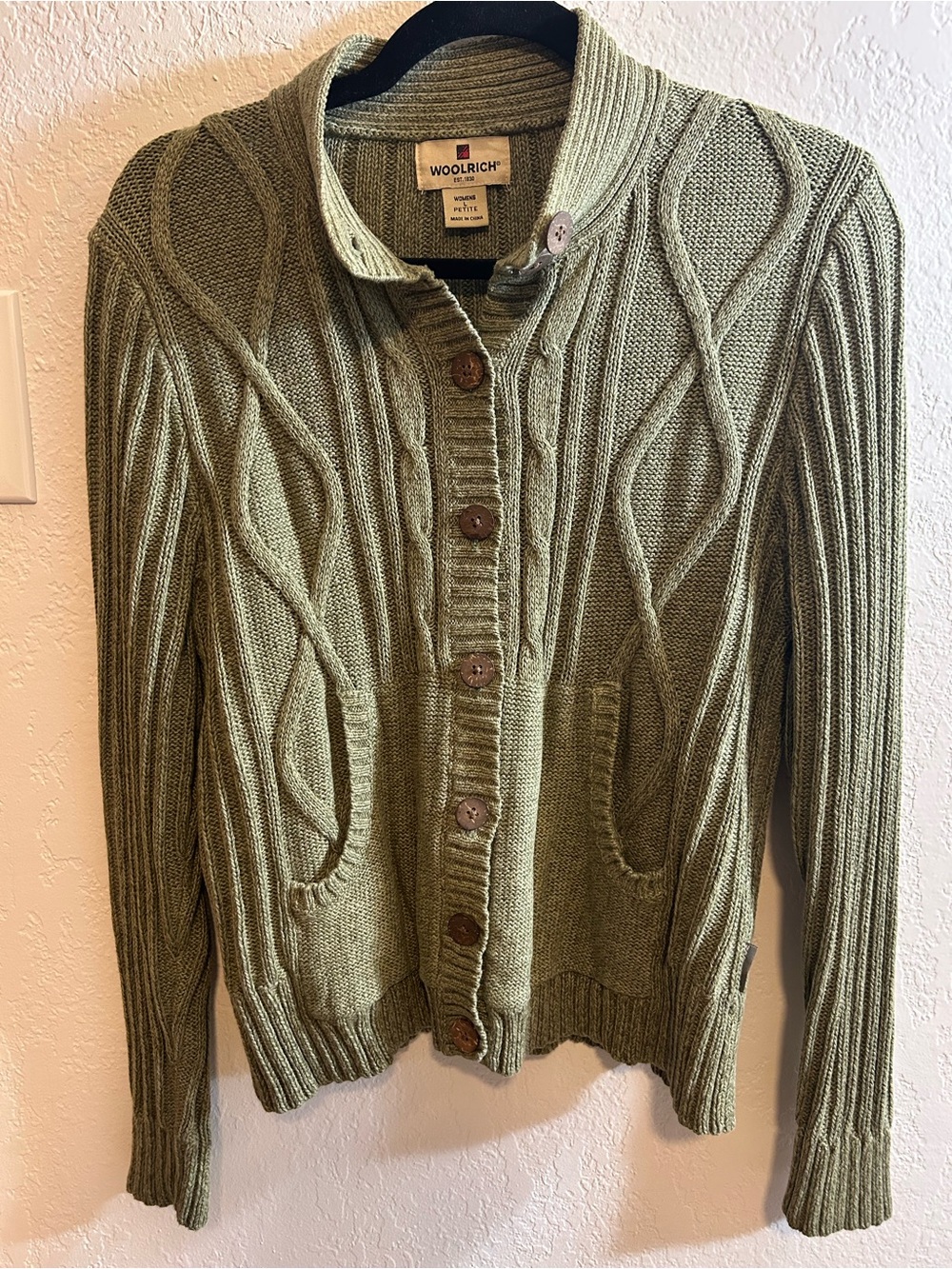 Woolrich Ramie Cotton Cable Knit Cardigan Sweater Cabincore Outdoorsy Petite L